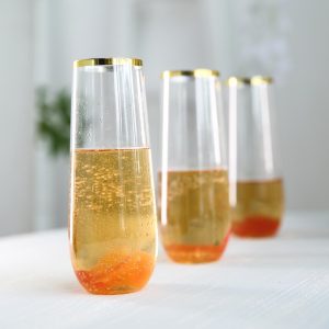 12 Pack Plastic Champagne Flutes in Clear with Gold Rim, Reusable Lightweight 9oz Champagne Glasses