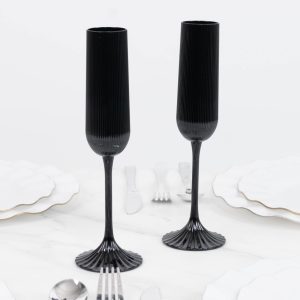 12 Pack Vintage Ribbed Champagne Flutes 4oz Black – Disposable Plastic Toasting Glasses